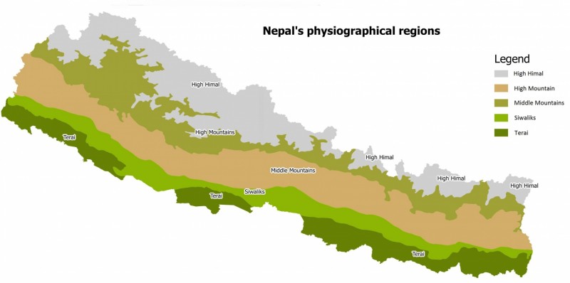 Nepál földrajzi régiói. Madhes (Terai) az ország Indiával határos déli sávját alkotja. A kedvező klíma és domborzati viszonyok miatt a mezőgazdasági termelés jelentős része itt zajlik.